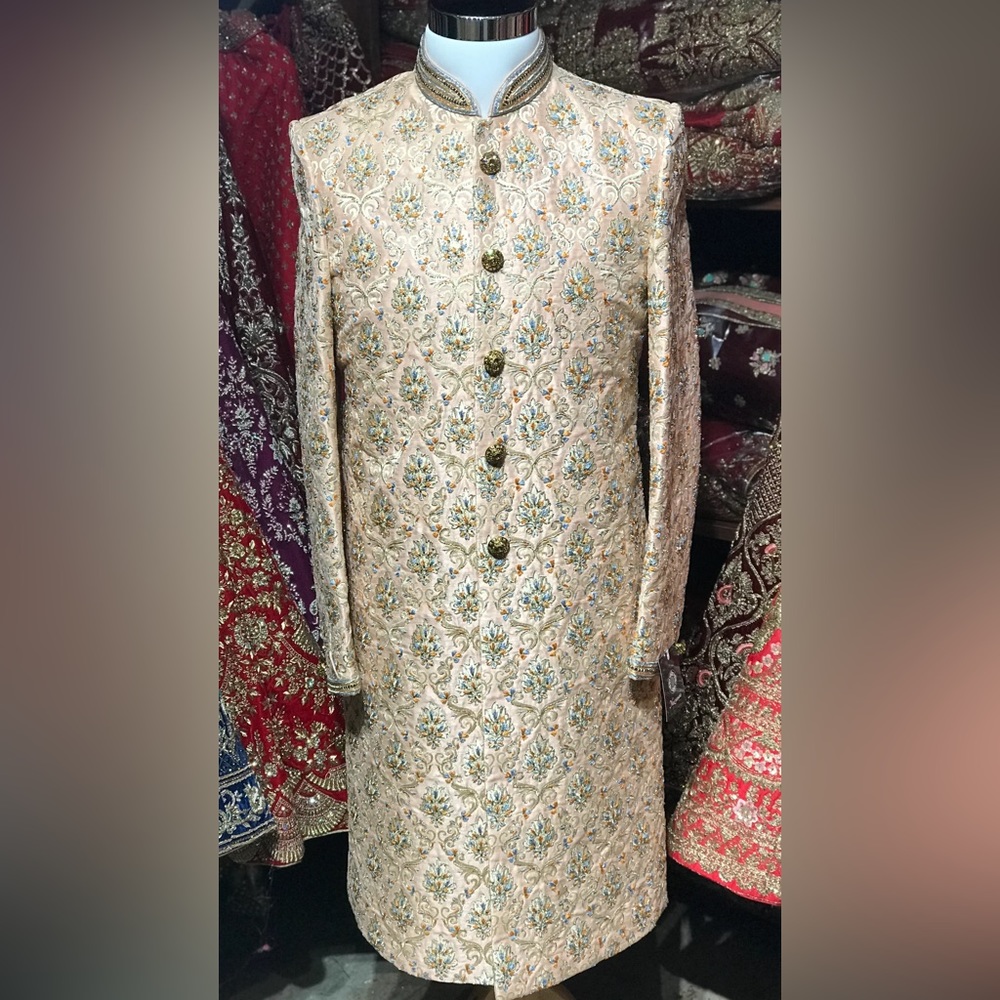 Beautifully embroidered silk Sherwani from Nazranaa